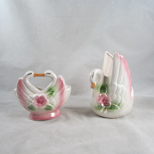 Swan Figurines Planters Ceramic Floral Painted Wings Retro
