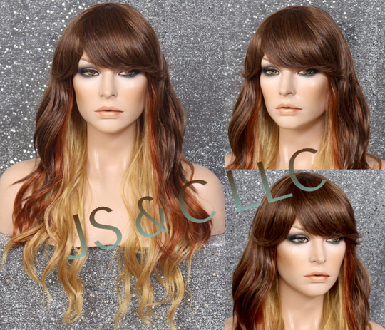 Human Hair Blend Wig Brown Copper Blonde Mixed Long Wavy Center Dot Crown Bangs Heat Ok Light Weight Med Coverage Costume/Theater/Cosplay