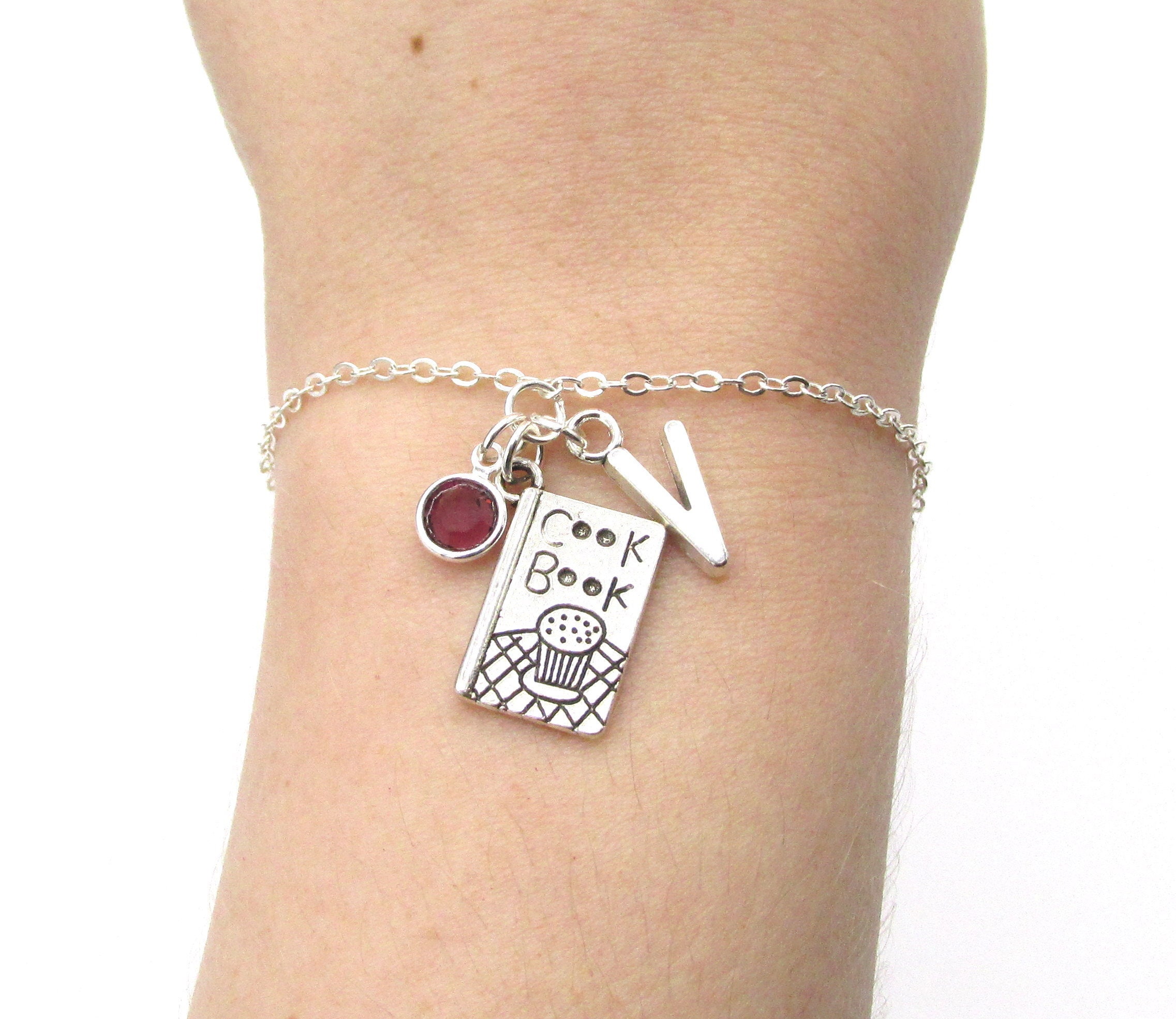 Cook Book Bracelet - Birthstone & Initial, Jewelry, I Love Cooking, Recipes, Cooking Hobby Gift, Chef Bracelet For Her