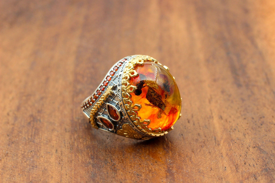 Amber Men's Ring, Handmade Mens Ottoman Turkish Silver Jewelry, Gift For Him, 925K Sterling Ring