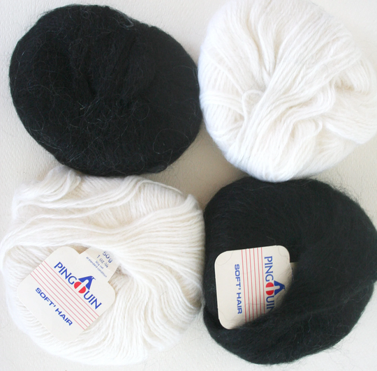 Vintage Black & White Mohair Blend Yarn Lot, Pinguin, Made in France, Mohair, Wool, Acrylic, 200 Grams