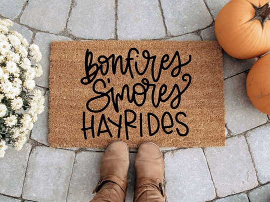 Bonfires S'mores Hayrides Doormat, Fall Outdoor Coir Porch Decor, Cute Mat