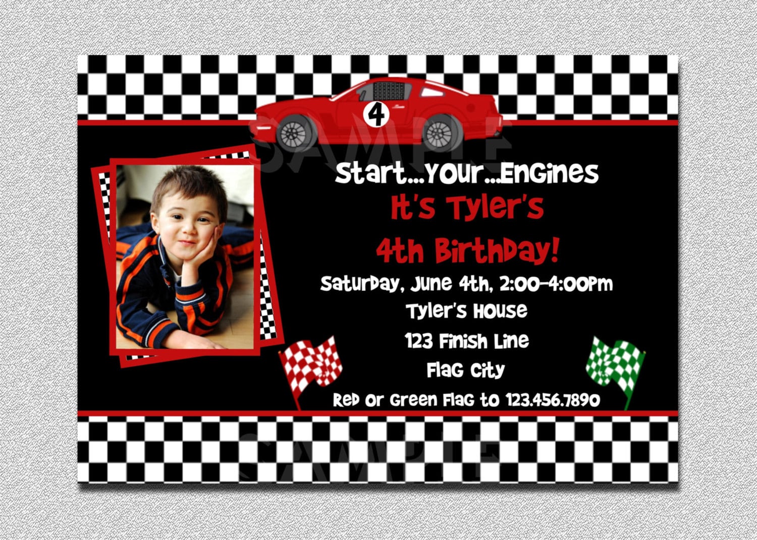 Race Car Birthday Invitation, Party Racing Checkered Car, Boys Invitation