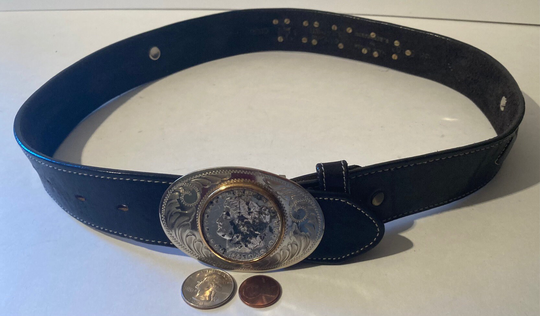 Vintage Leather Belt & Buckle, Hand Tooled, Cathy, German Silver, Montana Silversmiths, Belts, Quality, Made in Usa, Size 30 To 34