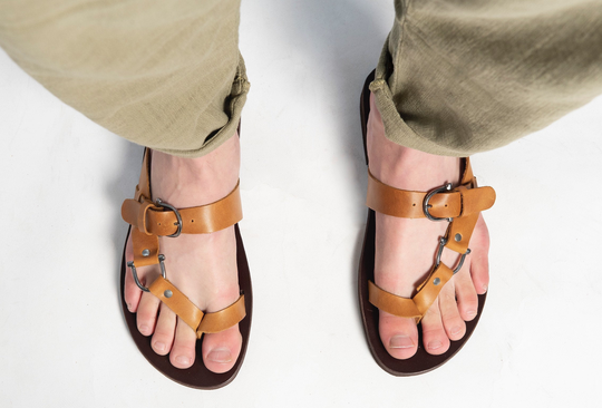 Tan Leather Sandals For Men Slides Greek Sandals Handmade With Metal Buckles/ Elements "Menelaus"