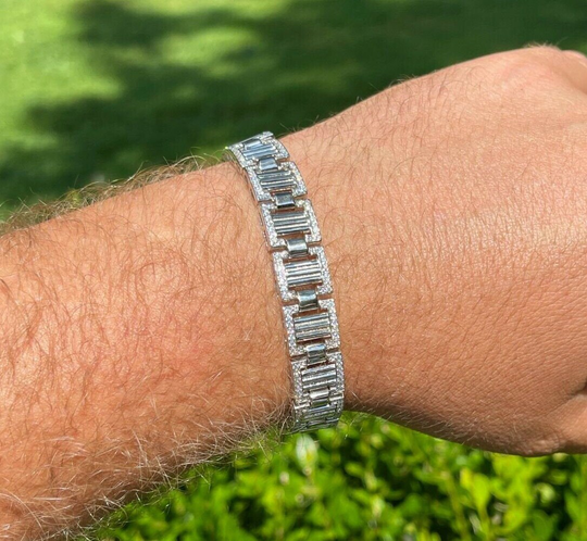 Men's Custom Made 12mm Bracelet Solid 925 Sterling Silver Simulated Diamonds, 7.5" Or 8.5" Lengths Available