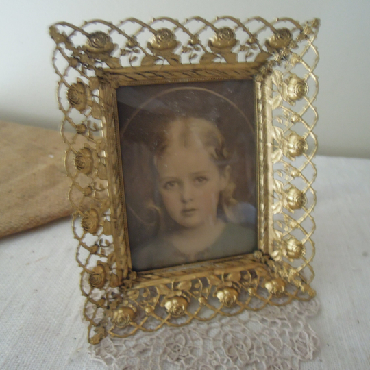 Vintage Picture Of The Child Mary Most Holy/Antique Brass Rose Ormolu Frame Made in Germany