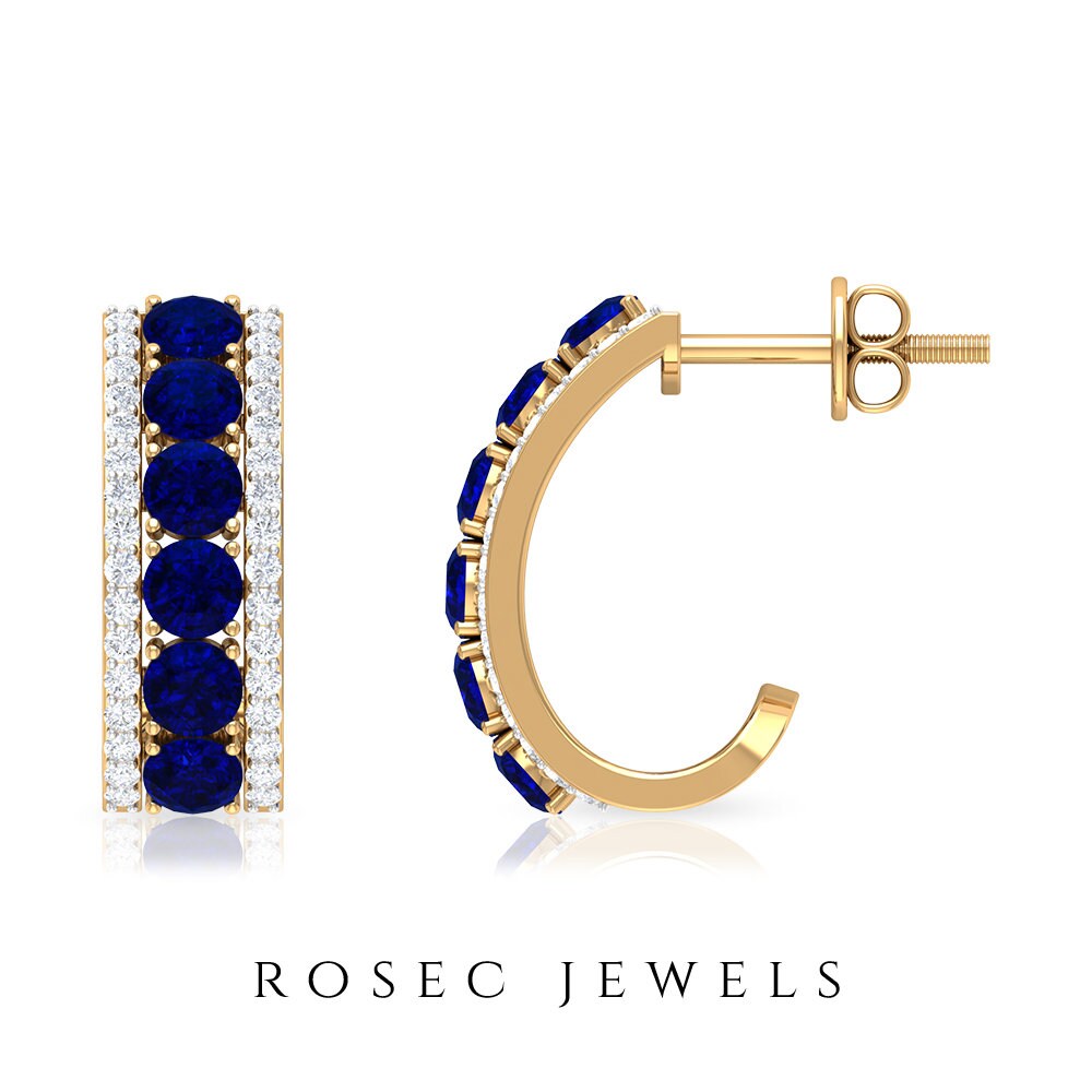 J Hoop Earrings, 2.25 Ct Blue Sapphire Diamond Statement Earrings