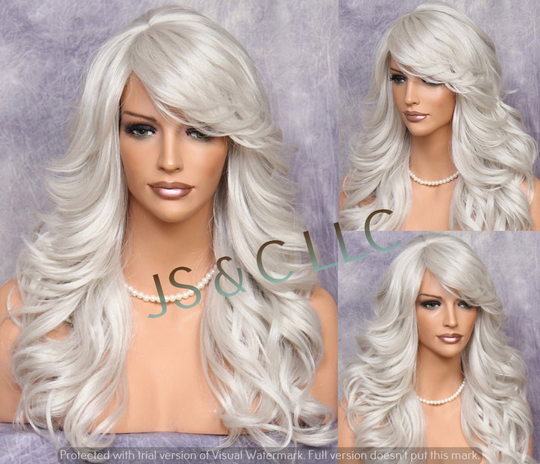 Grey Gray Human Hair Blend Lace Front Wig Full Long Curly With Bangs Heat Safe Cancer Alopecia Theater