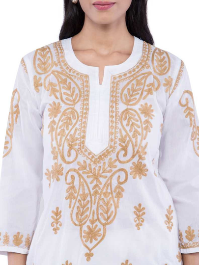 Women Chikan Embroidery Cotton Blend Straight Kurta | Beige