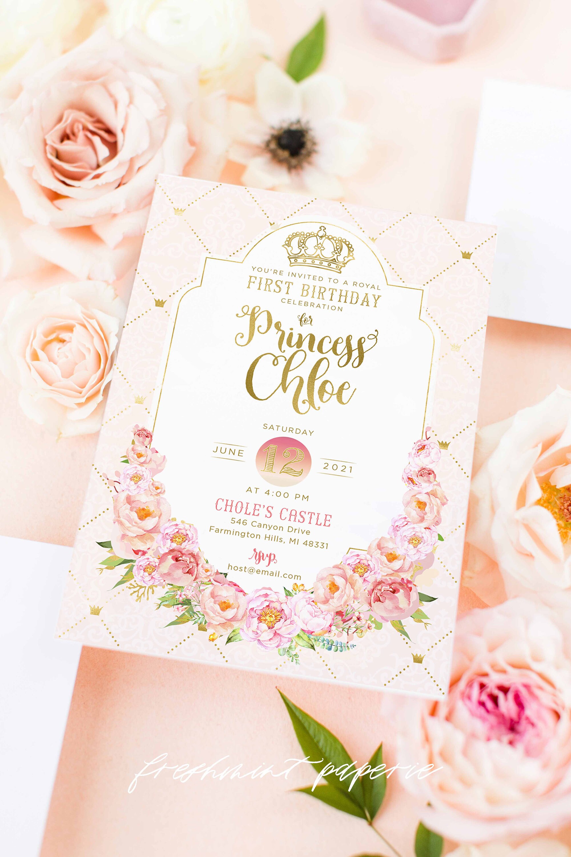 Princess Crown Invitation | Royal Invitation First Birthday Princess Floral Crown Freshmint Paperie