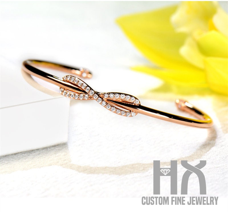 Diamond Bowknot Cuff Bracelet in Solid 18K Gold/Love Knot Wrap Bangle/Custom Fine Jewelry/Gift For Women & Girls