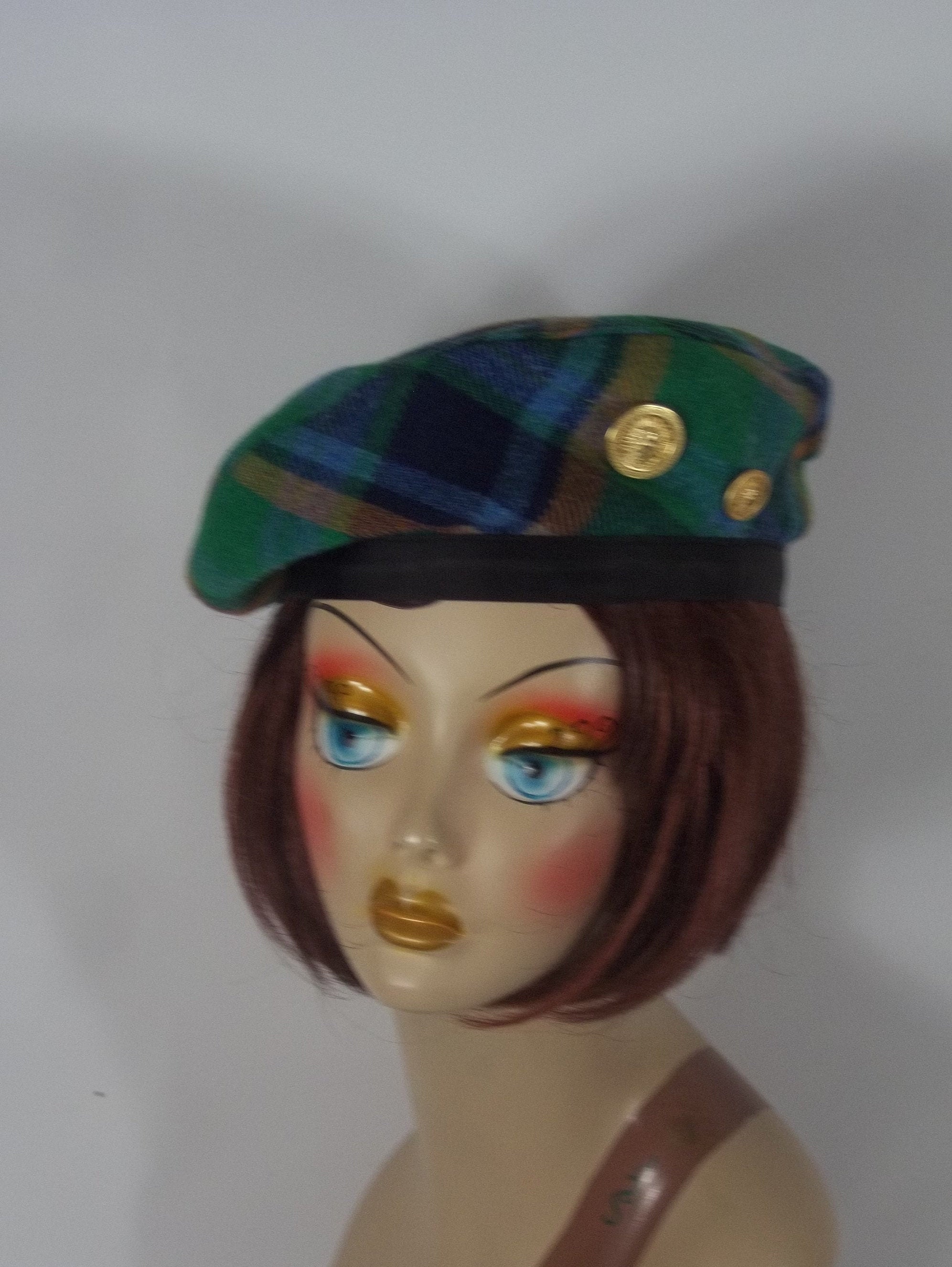 Wool Blend, Beret, Green, Tartan, Plaid, Gold Buttons, Hat, Designer, French, Women, Ladies, Fashion, Military, Beret. S, M, L