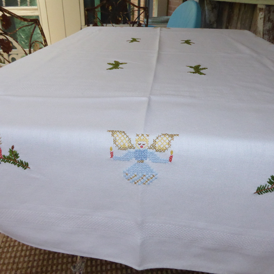 Vtg Heavy Easy Care Cotton Blend Embroidered Tableloth " Christmas Angel Branch W/Candle" 60"L X 46"W