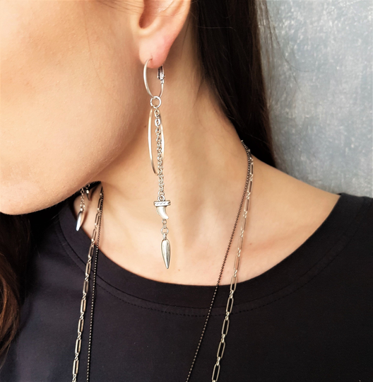 Womens Silver Drop Hoop Earrings, Chains Bold Spike & Tooth Sharp Double Statement Rock Style Earrings