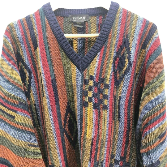 Vintage Tosani Men Sweater Colorful Knit Stripe Wool Blend V Neck Canada Size Xl
