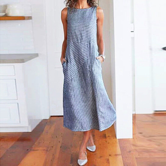 Lightweight Striped Midi Dresses in Linen Blend, S-3X - Blue, L
