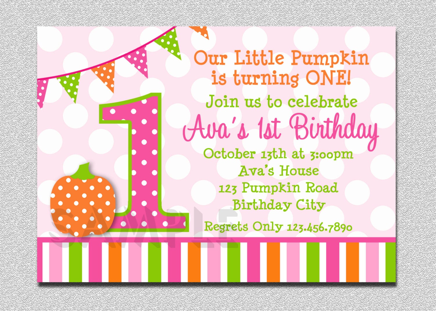 Pumpkin Birthday Invitation, Birthday, 1st Girls