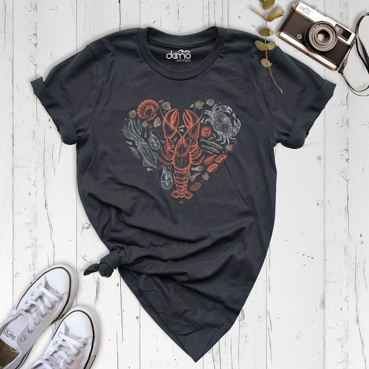 Lobster Shirt, Seafood Heart Shrimp Crab Fishing Fish Lover Gift Tee, Marina Fisherman Coral T-Shirt