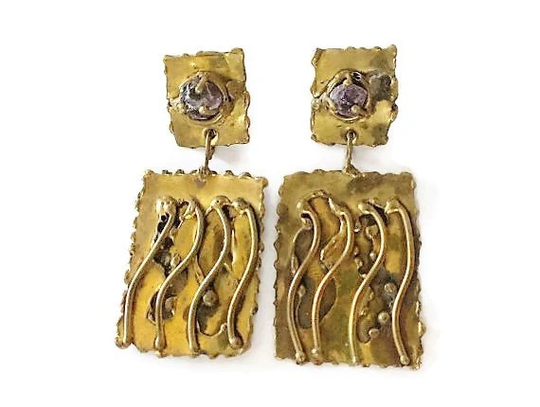 Brutalist Designer Brass & Amethyst Earrings Ernandes