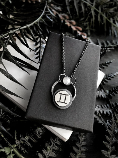 Gemini Pendant With White Moonstone - Dainty Handmade Sterling Silver Zodiac Symbol Necklace Custom Sun Sign Astrology Jewelry The Twins