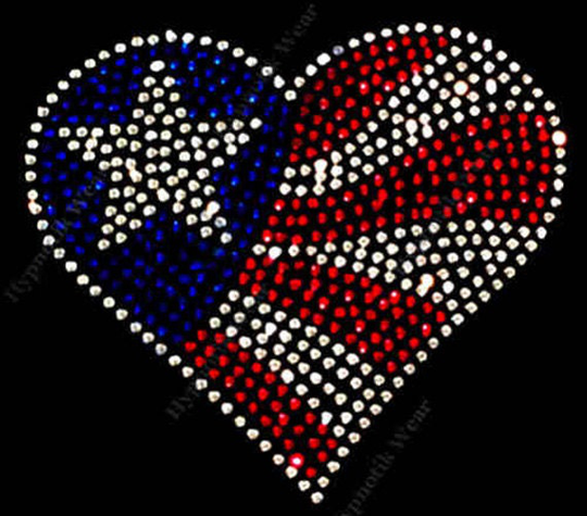 Rhinestone Transfer " 4Th Of July Heart American Flag, Hotfix, Bling, Iron On