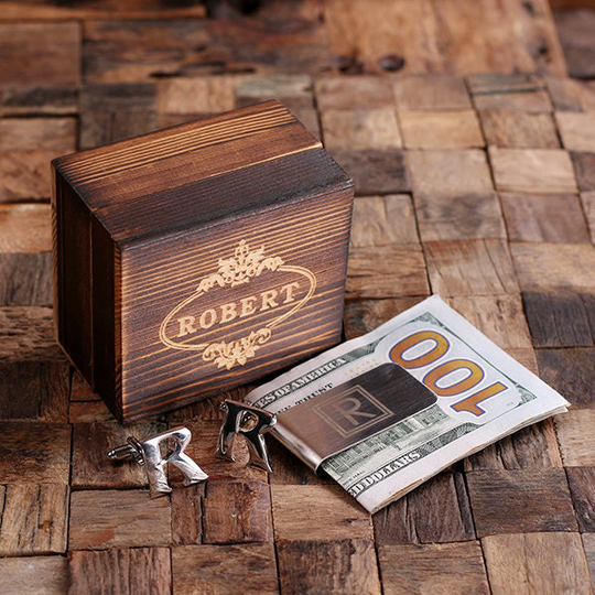 Initial " R Men's Classic Cuff Link & Money Clip With Wood Box