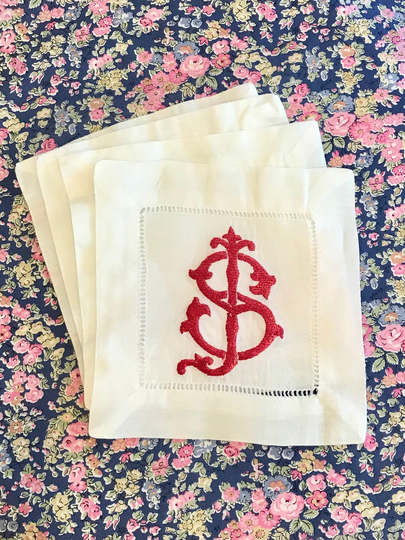 Personalized Cocktail Napkin, Set Of 4, With Double Initial