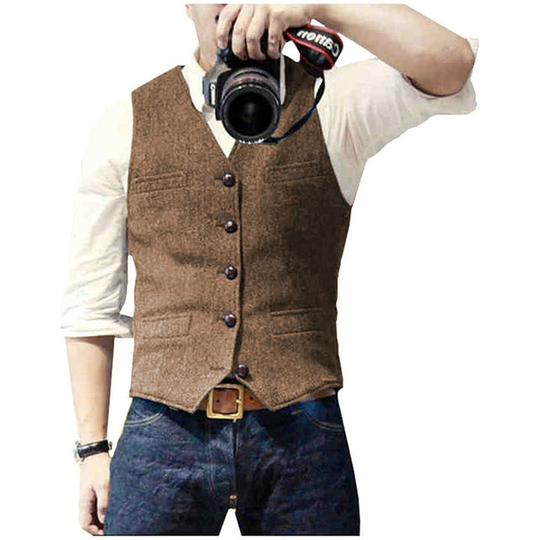 Men's Suit Vest Blue Single Breasted Woolen Blended Mens Vest Denim Jeans Waistcoat Jacket Slim Fit Casual Formal Business - brown, xxl