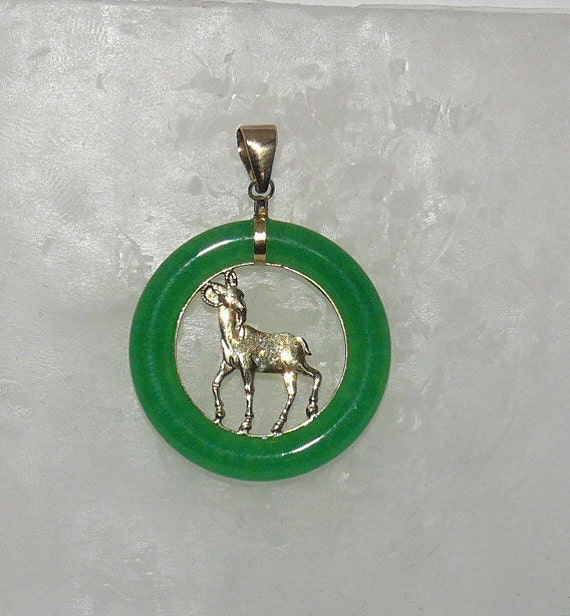 Green Jade Ram Pendant 14K Yellow Gold