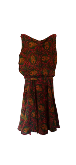 Sale 1950S Soft Blend Peacock Feather Fabric Flared Waist Cocktail Day Dress With Belt & Stunning Cowl Neck Size Small Medium