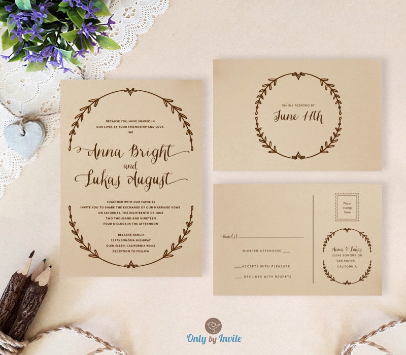 Printed Simple Rustic Wedding Invitations | Country, Barn, Brown, Wreath Invitation With Rsvp
