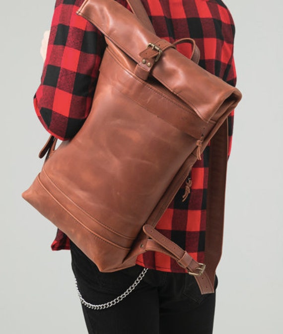 Brown Leather Rolltop Backpack - Mens Roll Top Rucksack