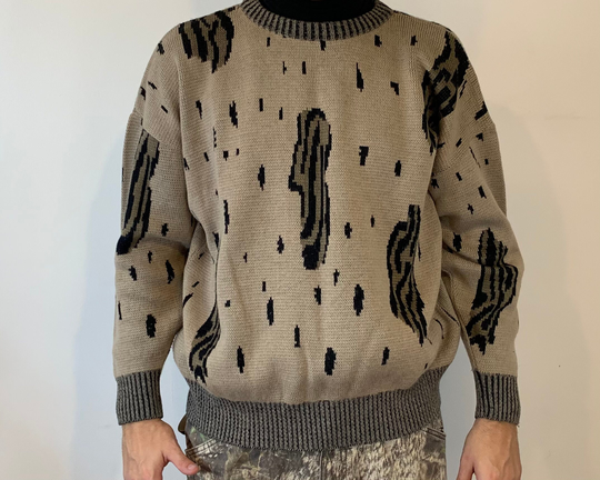 Vintage 80's Wool Blend Beige Brown Pattern Knitted Crewneck Oversized Sweater Pullover Jumper Size S Men