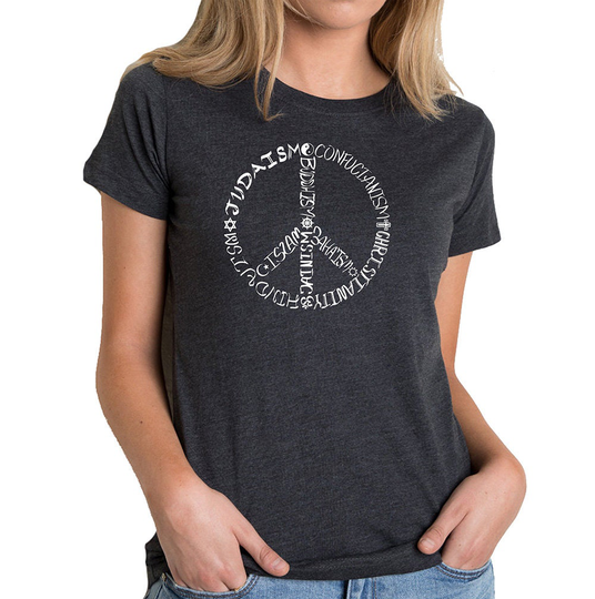 Women's Premium Blend Word Art T-Shirt - Different Faiths Peace Sign