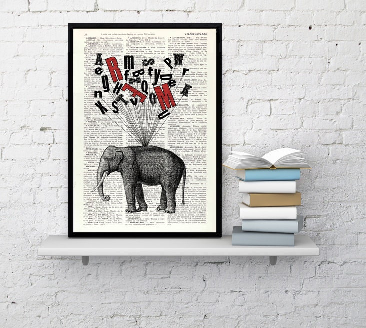 Elephant Print - Giclee Poster Print Alphabet Collage Wall Decor Gift For Her Nursery Ani097