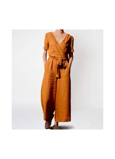 Linen Blend Short Sleeve Wrap Jumpsuit, Casual Summer Jumpsuit