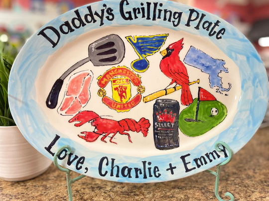 Ceramic Custom Oval Grill Grillmaster Fathers Day Birthday Grilling Platter Grandpa Boyfriend Dad Daddy Burgers Gift Golf Seafood Beach Beer