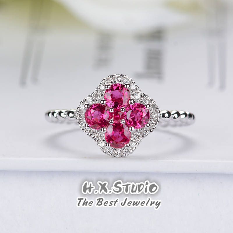 Ruby Diamond Lucky Clover Ring in Solid 18K Gold/Diamond Wedding Ring/Clover Leaf Statement Ring/Custom Jewelry/Gift For Her