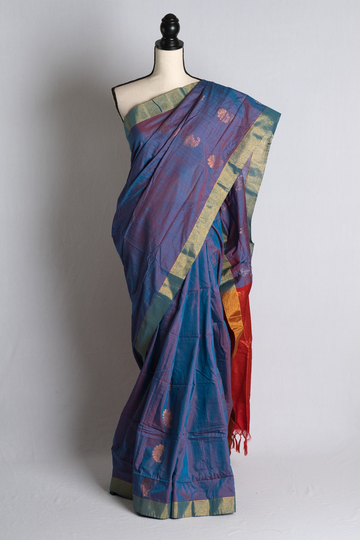 Blended Soft Cotton Silk Kanchipuram Saree in Peacock Blue & Red