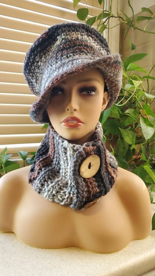 Brown & Grey Blend | Multicolored - Cap Scarf - Cowl Hat Handmade Crochet Set- Bucket Set