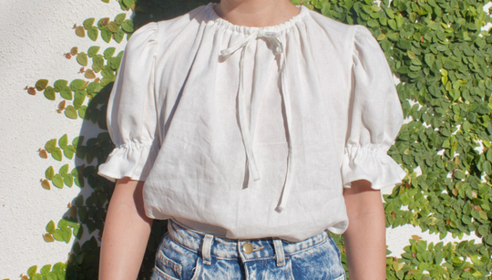 Linen Blend Puff Sleeve High Neck Tie Top