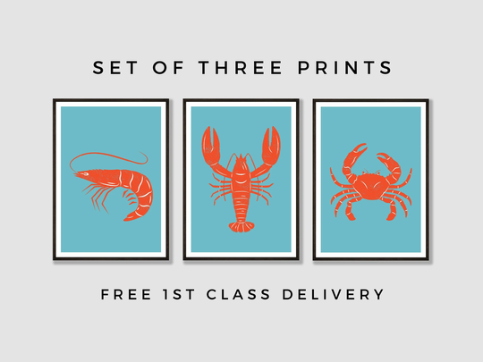 Seafood Wall Art Prints - Set Of Three | Lobster Crab Shrimp Seaside Theme Restaurant Decor Modern Kitchen