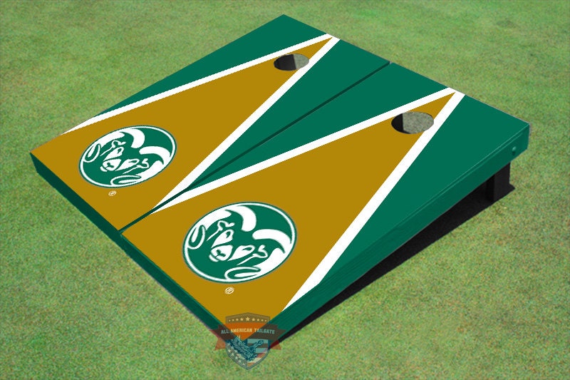 Corn Hole Ncaa Colorado State University Rams Logo Gold & Green Matching Triangle Cornhole Boards