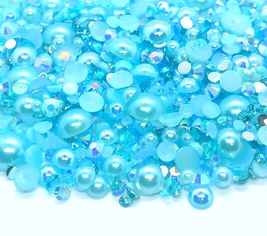 Aquamarine March Birthstone Blend Rhinestone Mix 2mm-10mm Flatback Jelly Resin | Faux Pearls Rhinestones Mixed Sizes Blue