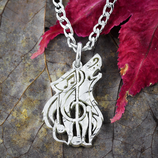 Wolf Music Note Necklace, Jewelry, Animal Lover, Hand Cut Coin
