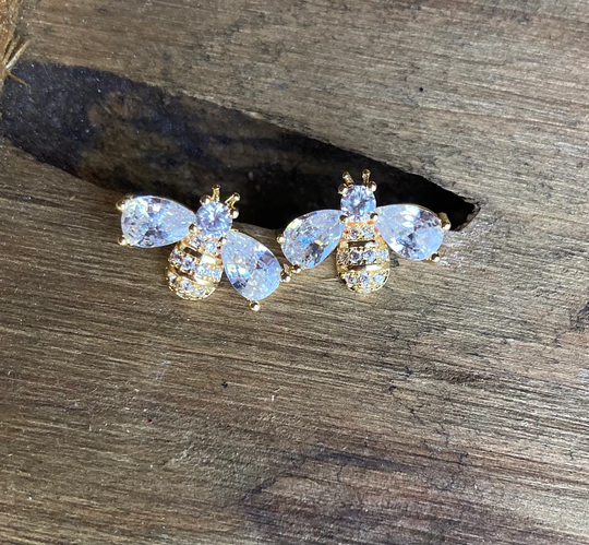 Small Gold Cubic Zirconia Rhinestone Bumble Bee Stud Earrings, Sterling Silver Earrings