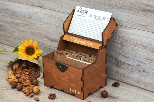 Recipe Box With Dividers & Heart & 4x6 Recipe Cards Personalized Engraved Wood Bridal Shower Decor Mothers Day Gift Christmas