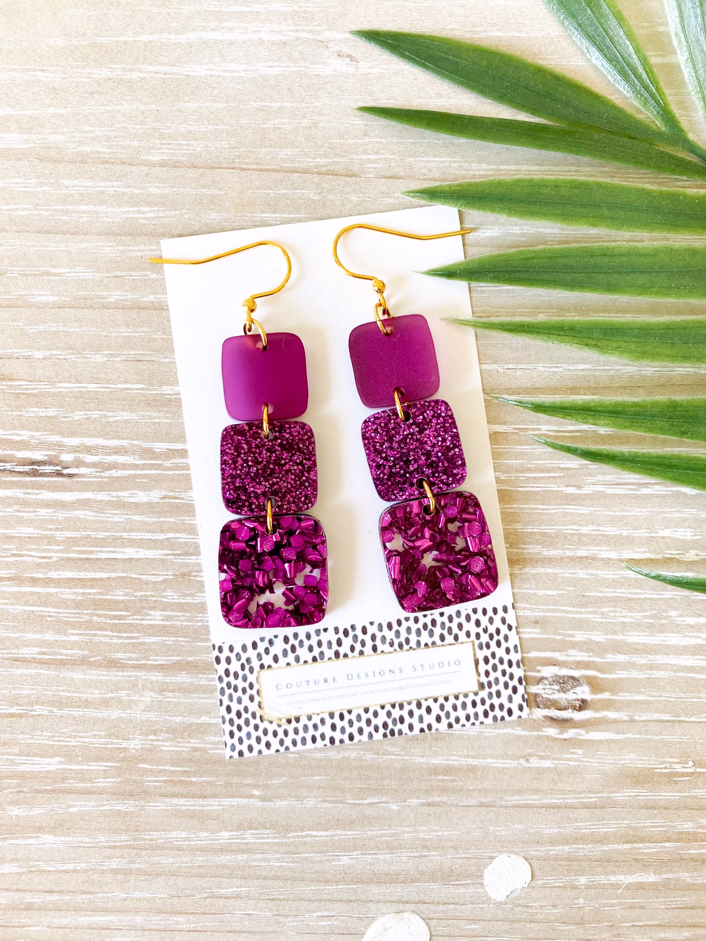Raspberry Glitter Square Trio Drop Earrings | Organic Rounded Sparkly Fuchsia Acrylic