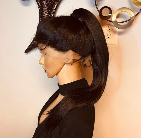 Long Straight Dark Brown | 2 Human Hair Blend 360 Lace 13x6 Parting Daily Updos Wig